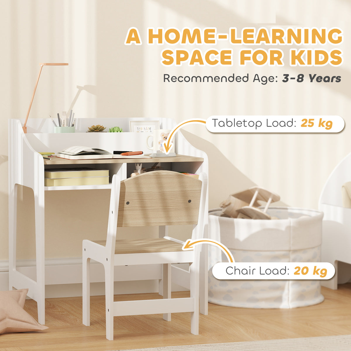 AIYAPLAY Kids Desk And Chair Set, Children Study Table With Storage, Natural