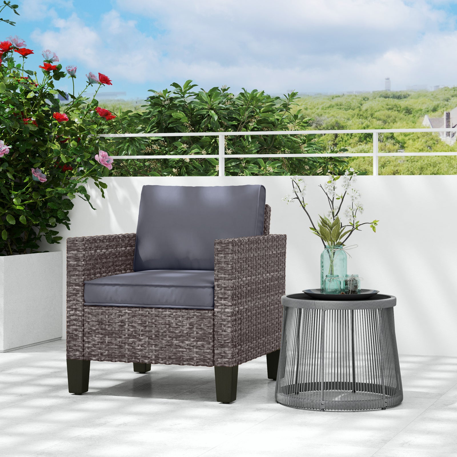 Single Rattan Chair, Garden Armchair W/ Cushions | Dark Gray