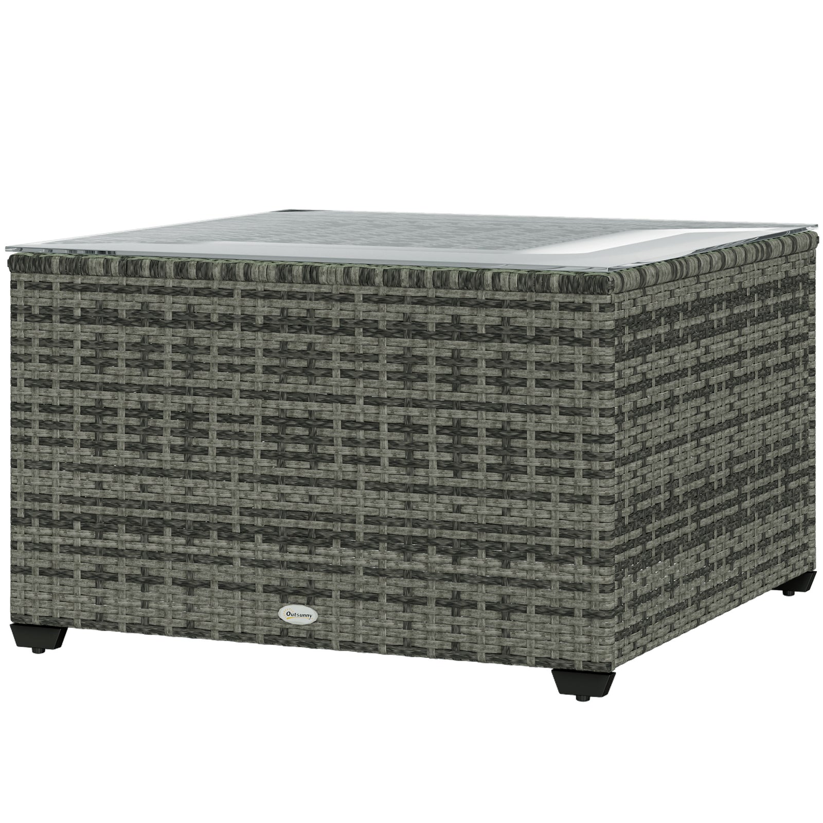 Outdoor Coffee Table W/ Glass Top, Rattan Side Table | Light Grey