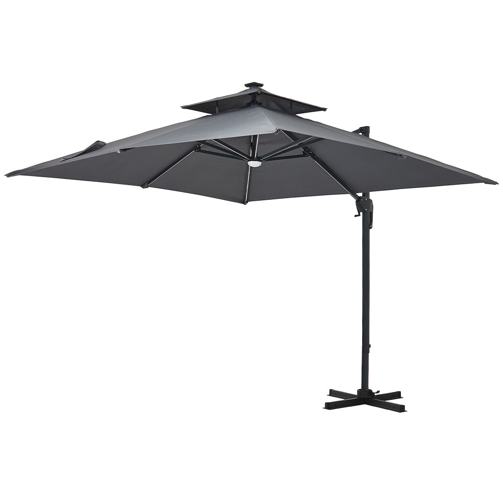 Double-tier 3m Square Solar Led Patio Umbrella Adjustable Height, 360° Rotation With Foot Pedal,cross Base Included
