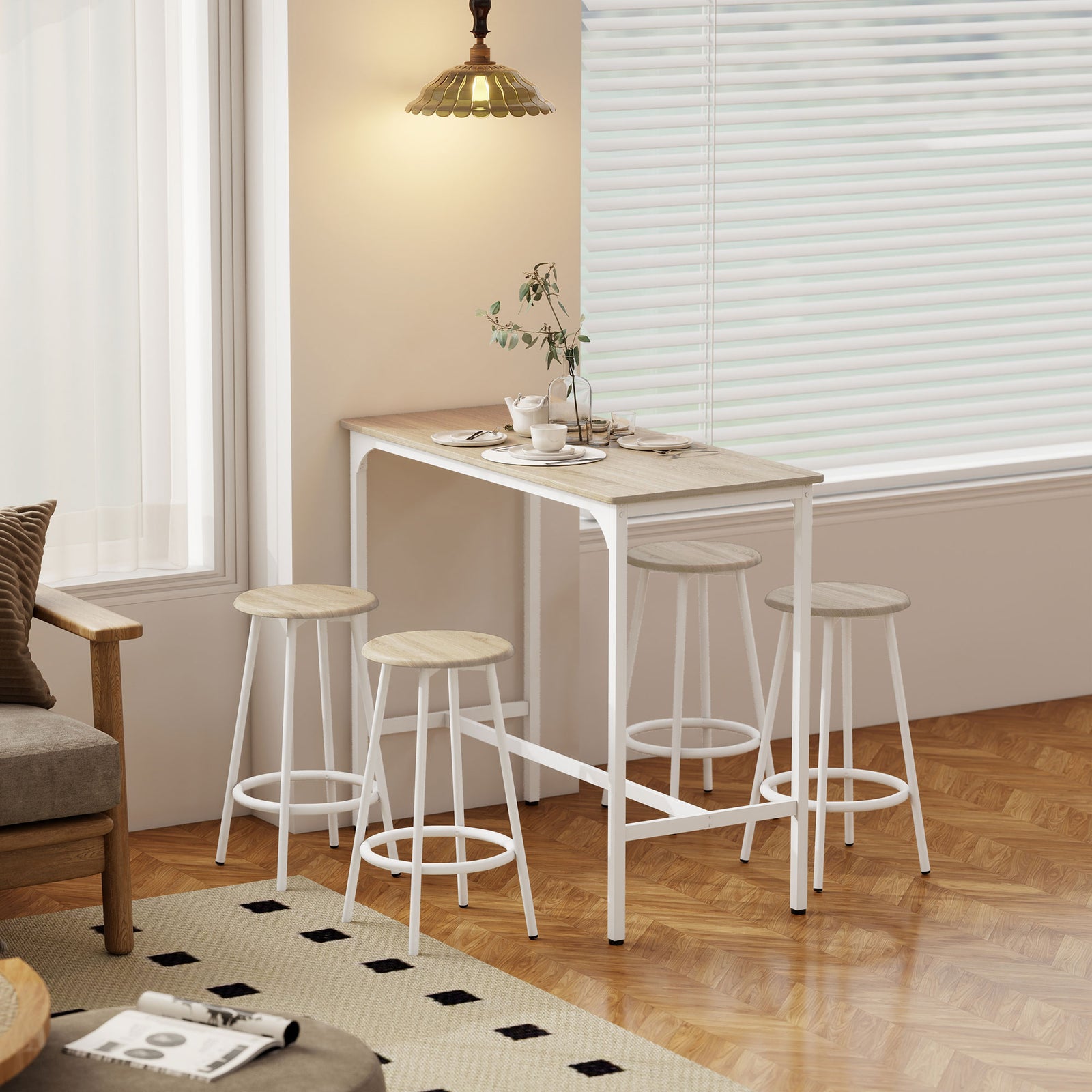 HOMCOM 5 Piece Bar Table And Stools Set With Metal Frame Natural Wood