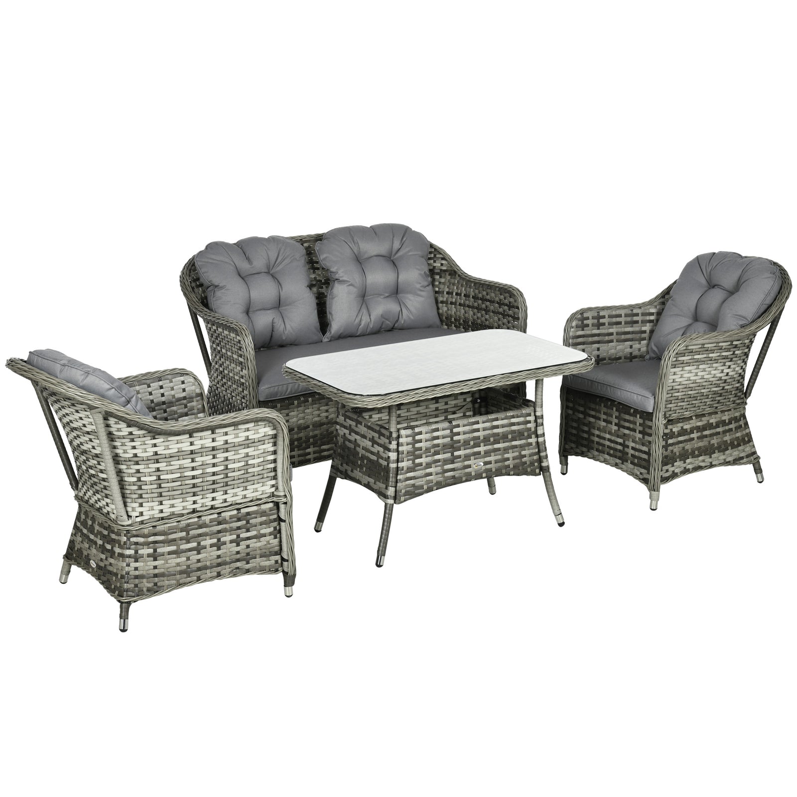 4 Pcs Rattan Set Padded Sofa W/ Glass Table