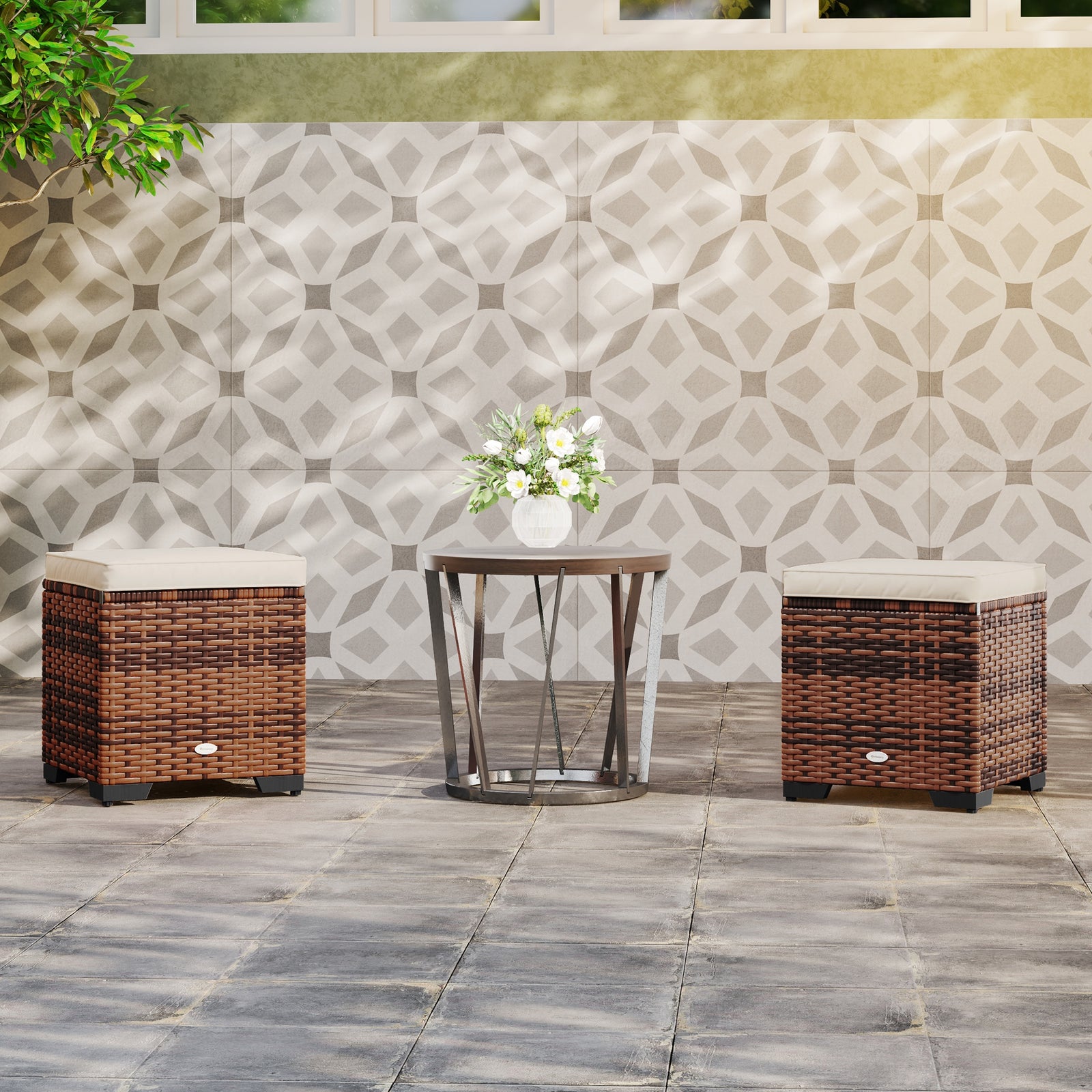 Set Of 2 Rattan Footstool, Storage Ottoman W/ Cushions | Beige