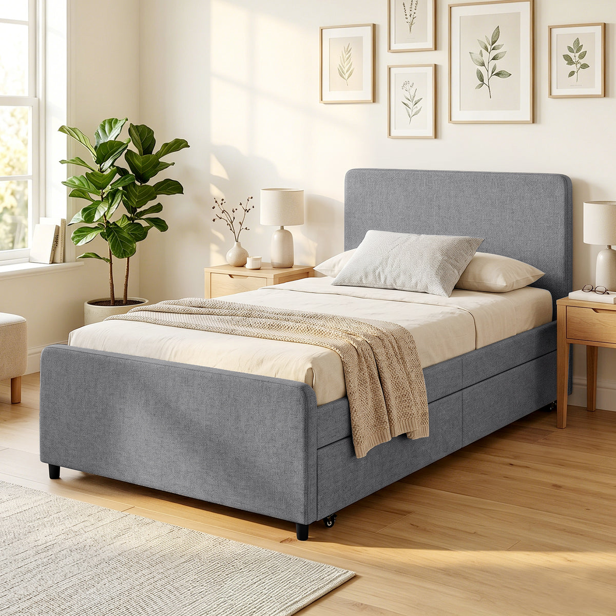 90 X 190 Cm Upholstered Single Bed, Pull Out Trundle Bed | Dark Grey