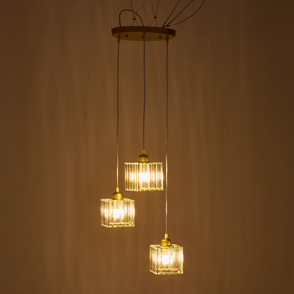 Modern 3-light Crystal Pendant Light Adjustable Linear Ceiling Fixture With Square Glass Shades | Gold