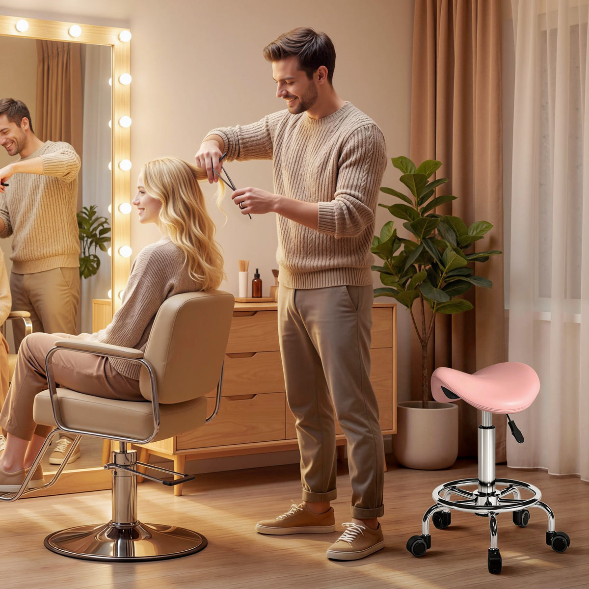 Saddle Chair, Rolling Salon Stool For Massage Spa | Pink
