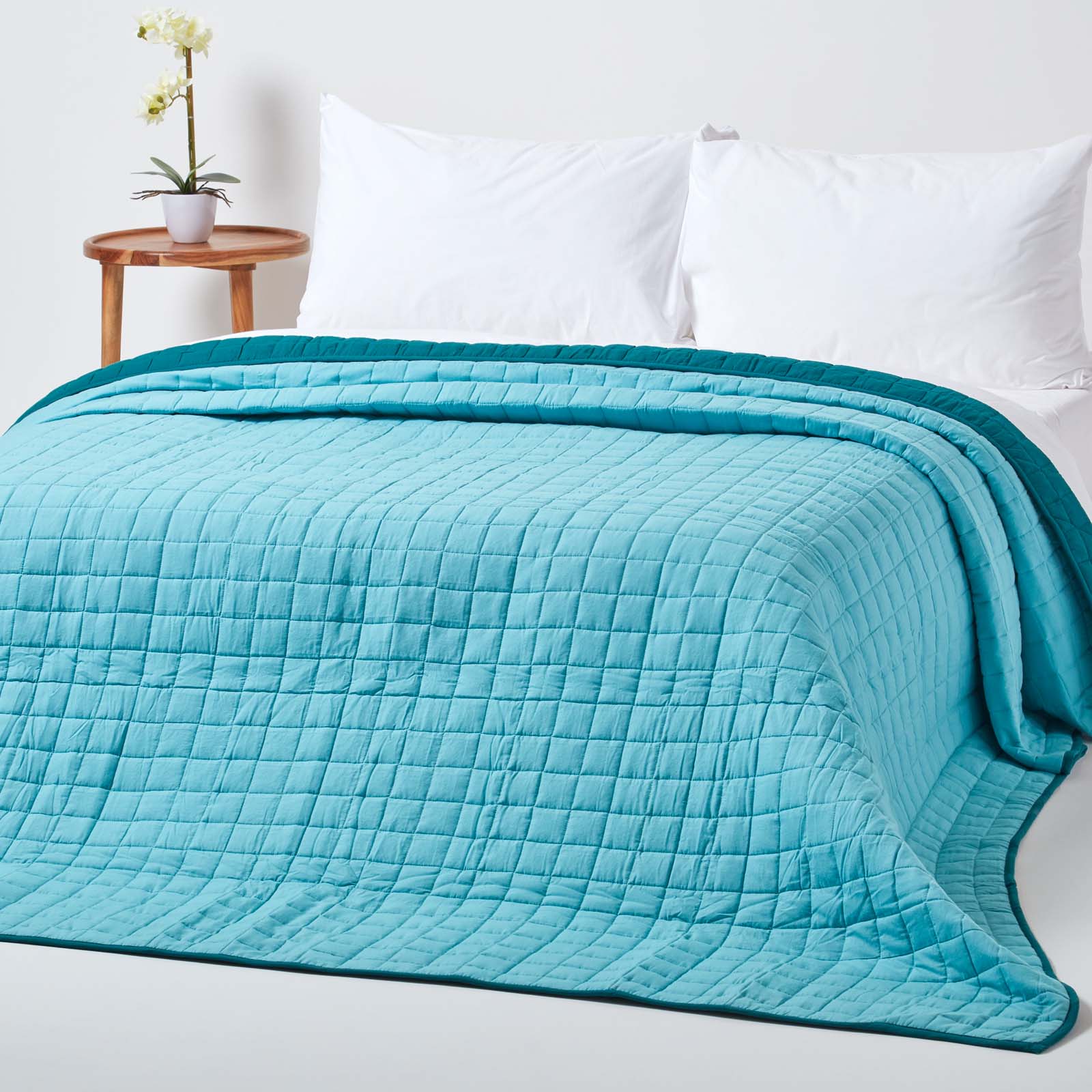 Cotton Quilted Reversible Bedspread | 150cm x 200cm | Teal Blue