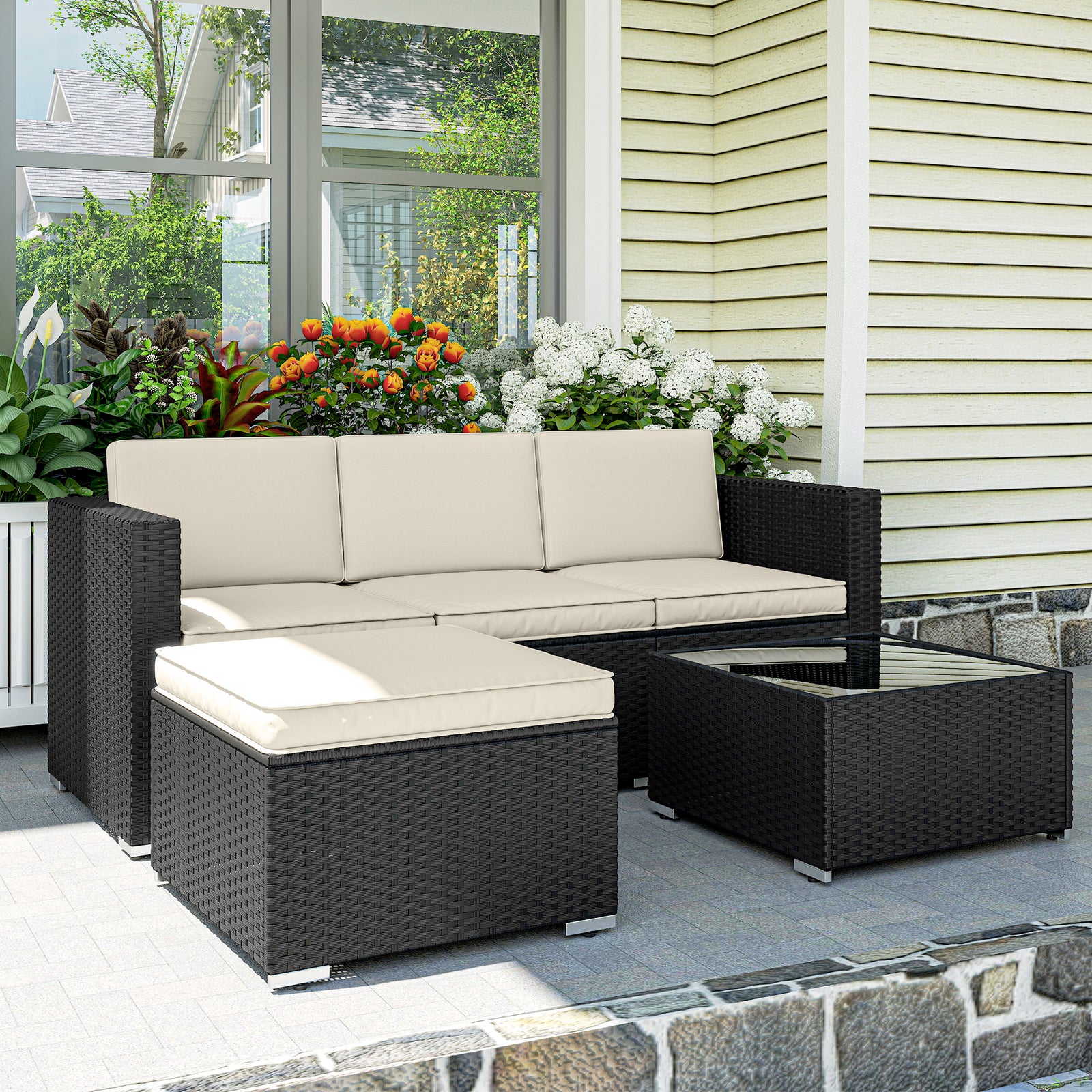 Garden Furniture Set W/ Padded Cushions Corner Sofa Set | Black