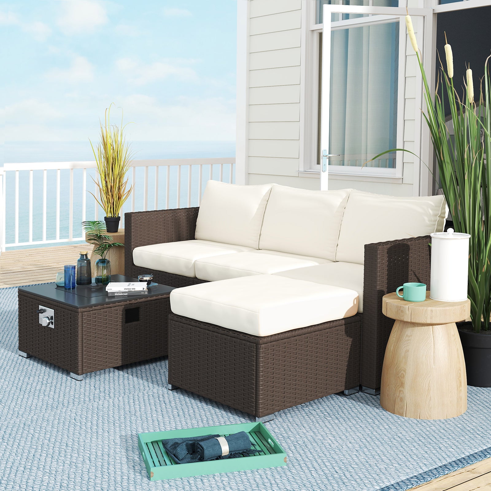 5 Piece Rattan Set With Gas Fire Pit | Brown