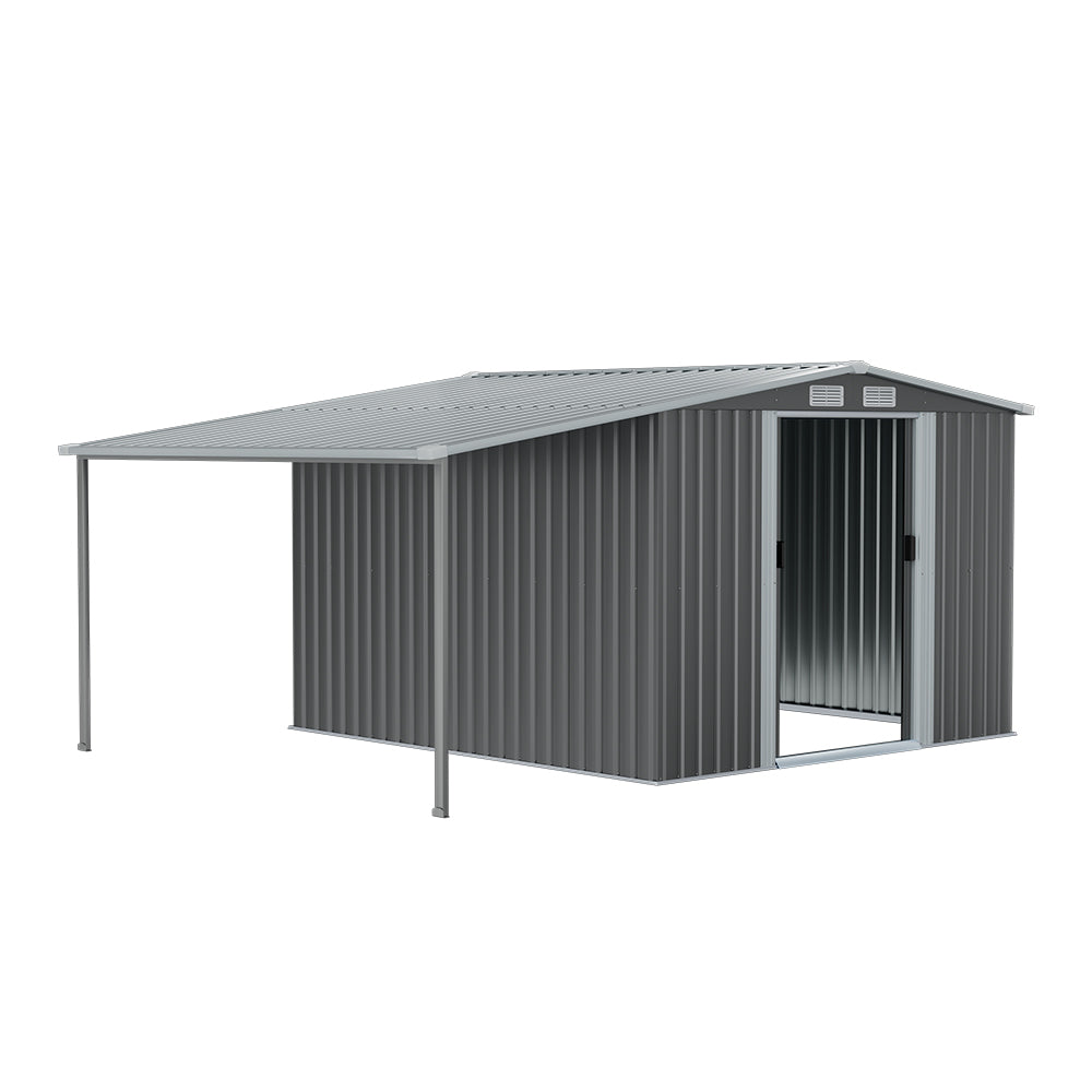 8x8ft Galvanized Steel Garden Shed With 1.1m Lean-to Extension & Shelves – Heavy Duty Outdoor Storage Shed With Firewood Roof & Ample Space