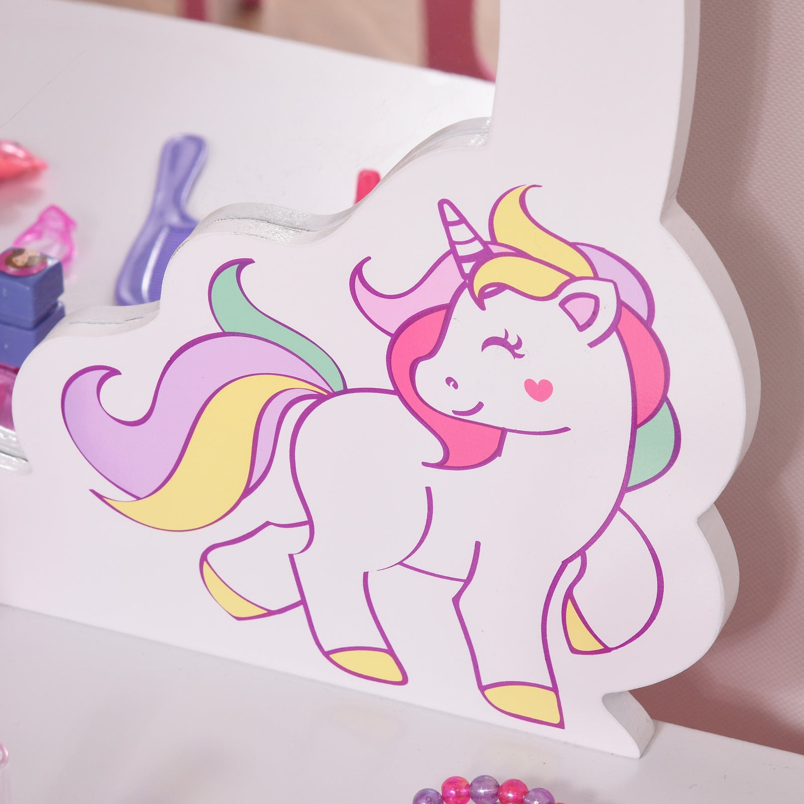 Kids Dressing Table, Girls Vanity Set With Mirror And Stool, Unicorn
