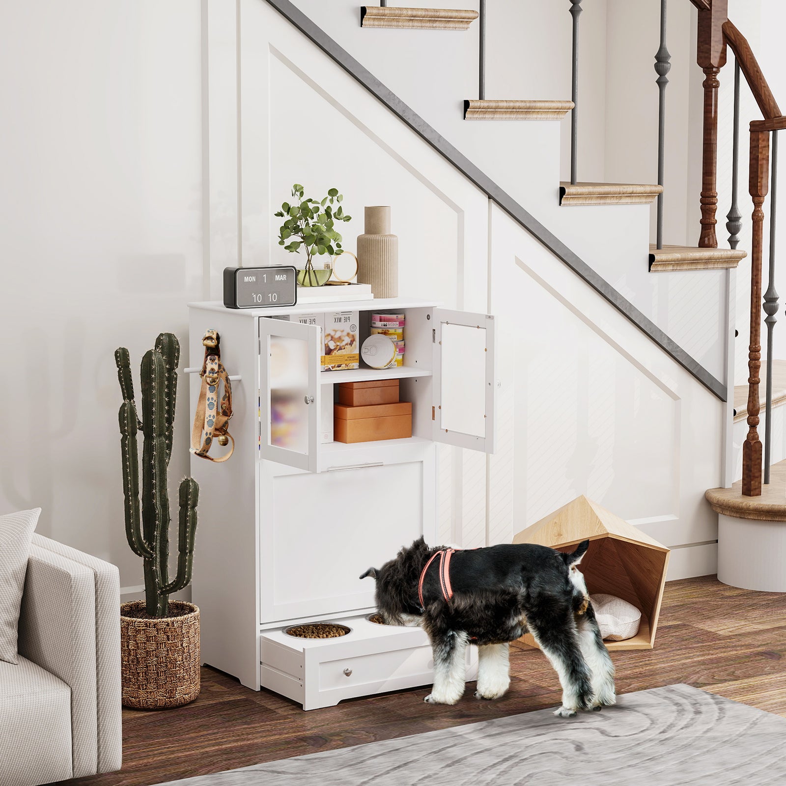 Dog Feeding Station With 2 Storage Cabinets, 2 Elevated Bowls, White