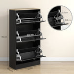 Slim Shoe Cabinet, 3 Flip Drawers Black