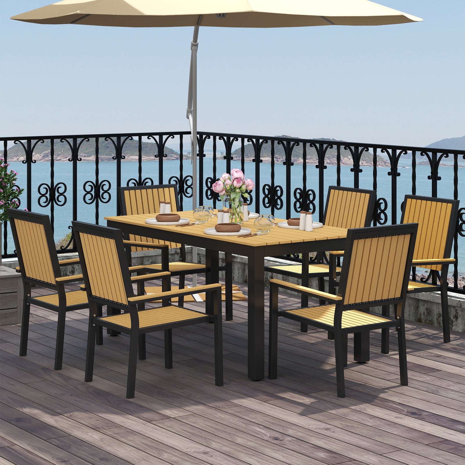 6 Seater Aluminium Garden Dining Set With Stackable Chairs | Natural