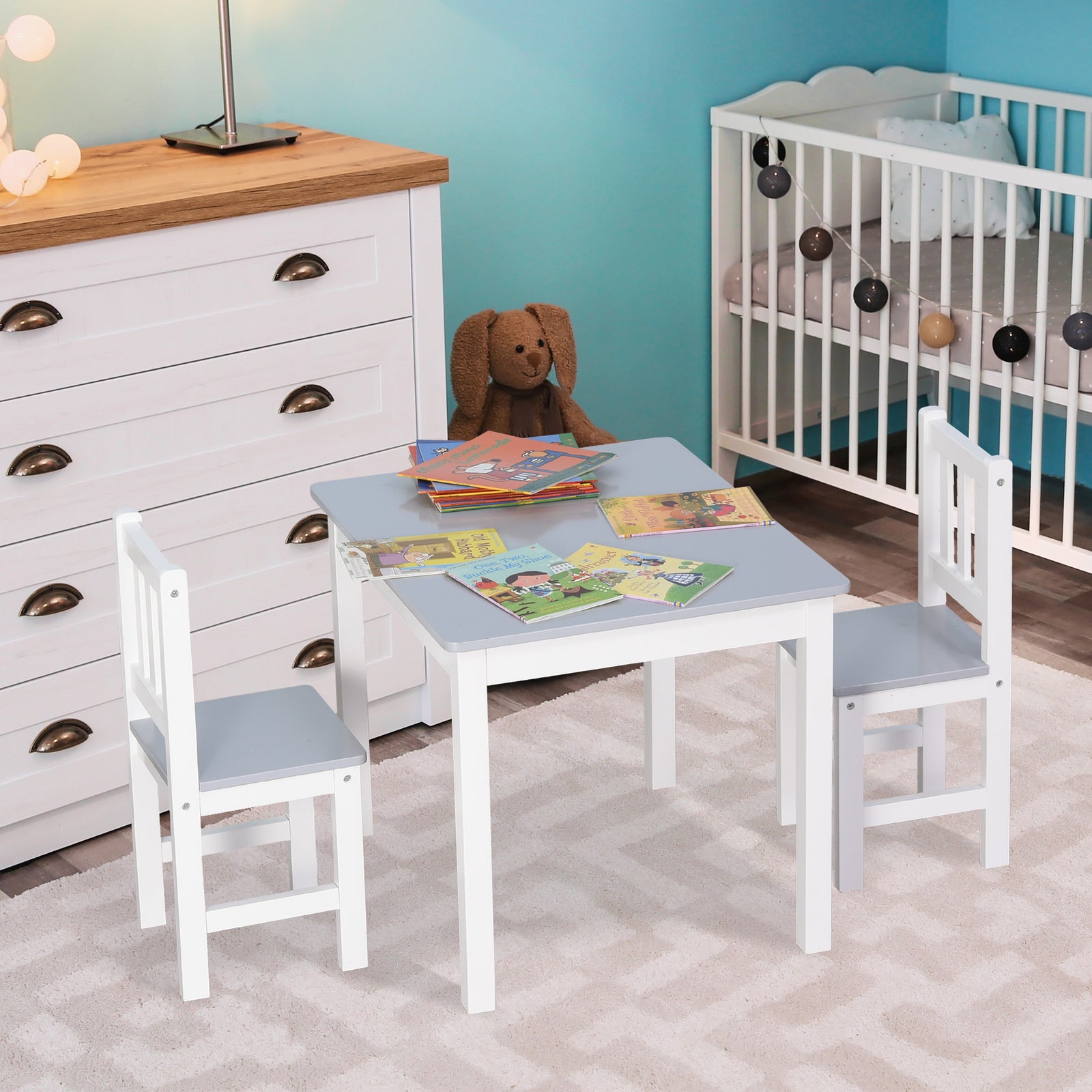 Kids Table And 2 Chairs Set 3 Pieces Toddler Multi-usage Desk Indoor Grey