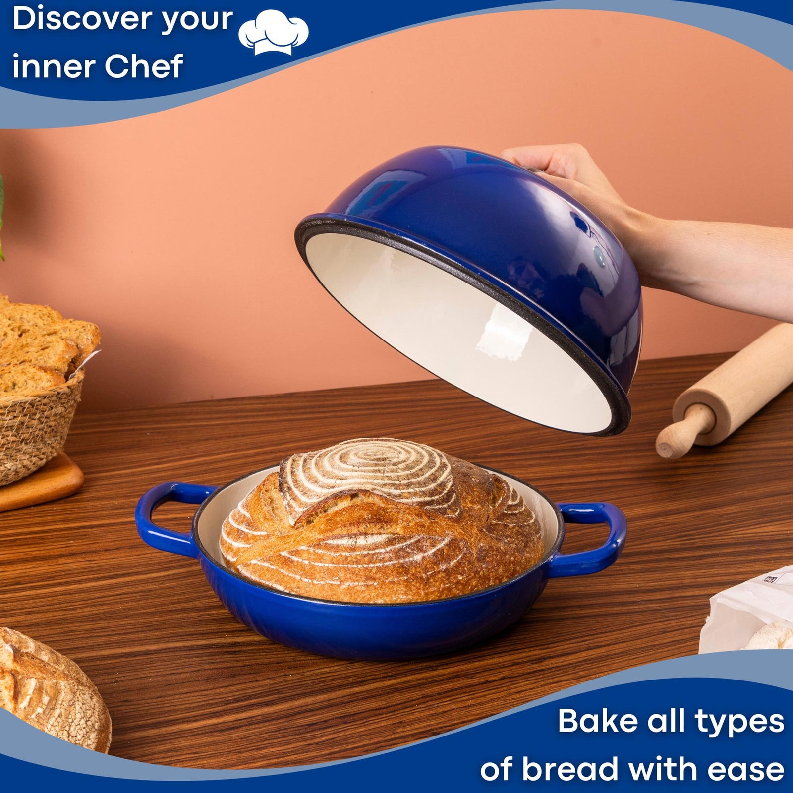 Enamelled Cast Iron Dutch Oven Bread Pot, 22cm (5.6l) | Dark Blue