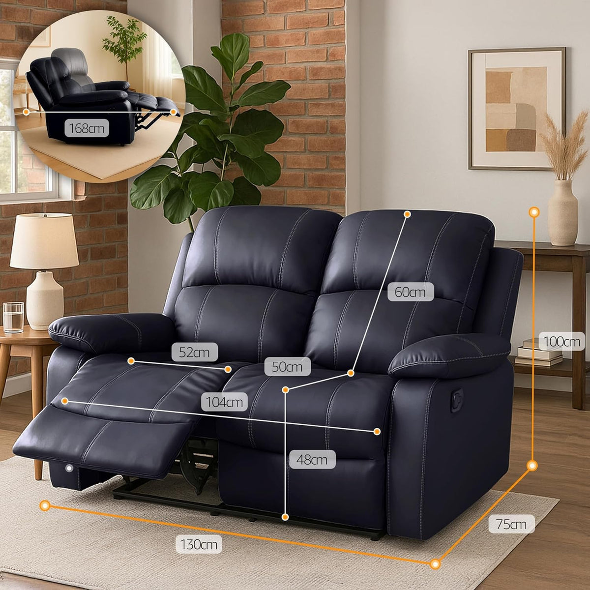 Manual Recliner Sofa 2 Seater Faux Leather | Black