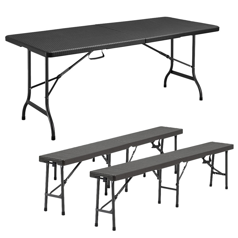 3-piece Rattan Plastic Outdoor Folding Table Bench Set