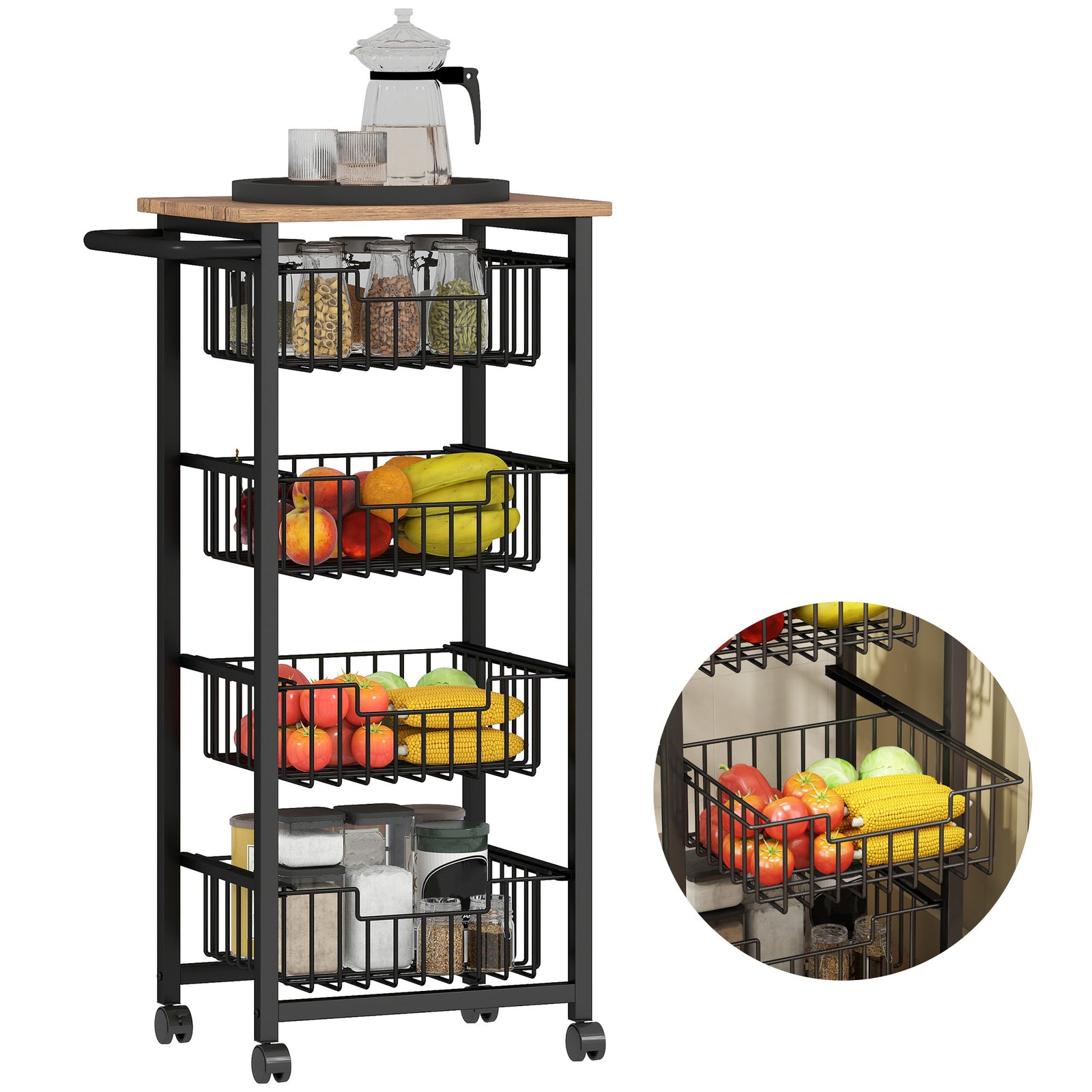 4-tier Kitchen Island On Wheels With 4 Pull-out Baskets, Oak