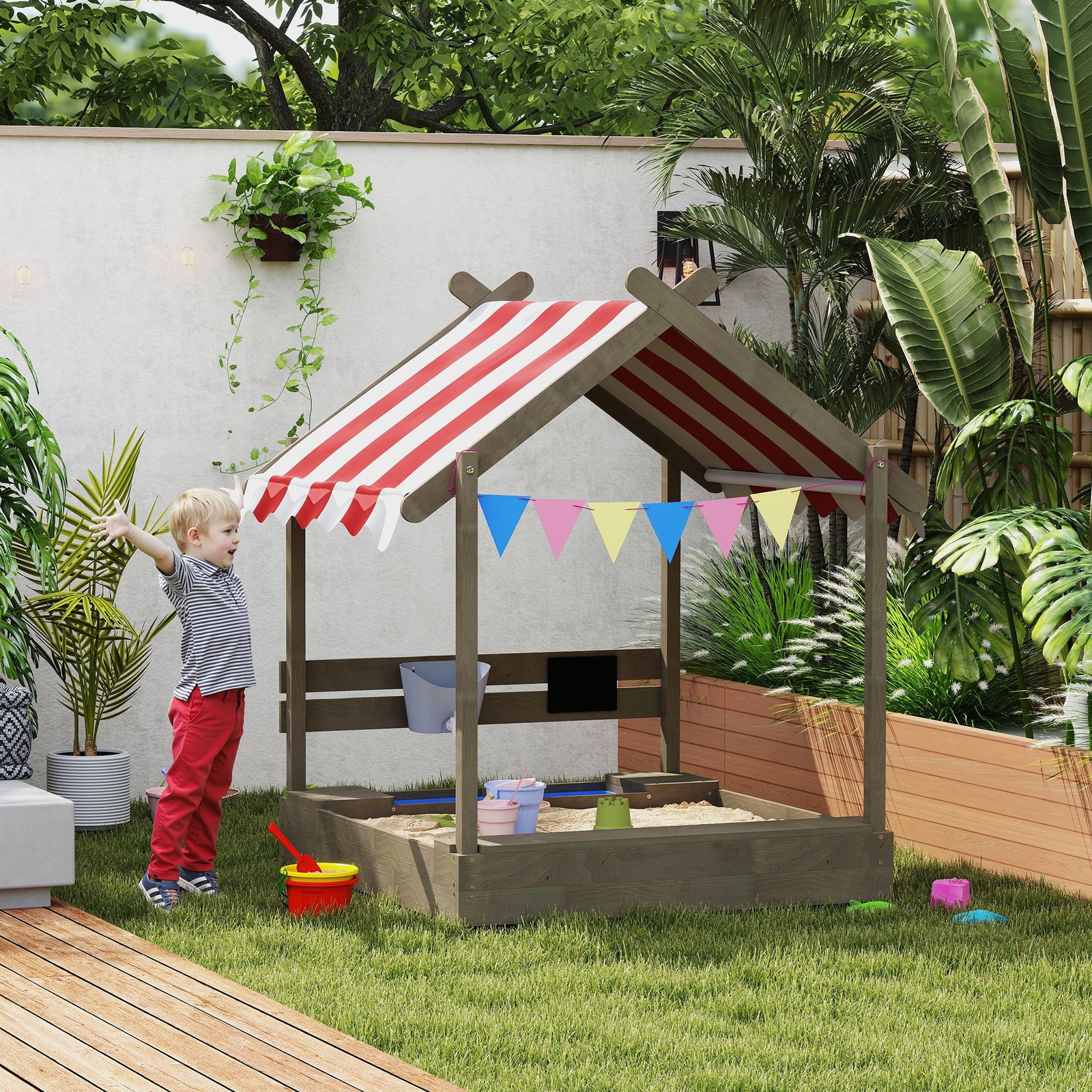 Wooden Sandbox With Canopy, For Ages 3-7 Years, Outdoors, Garden - Grey