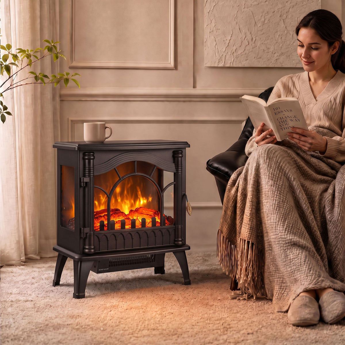 3-sided Glass Electric Fire Fan Heater With Flame Effect | Black