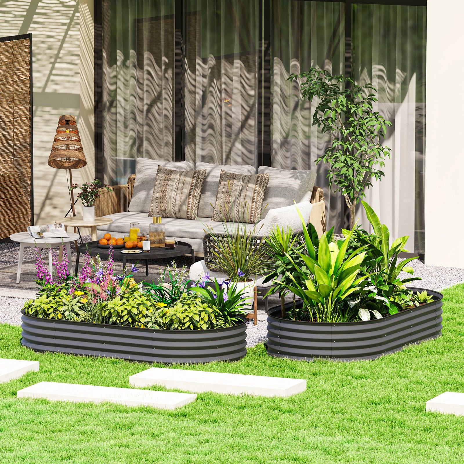 Set Of 2 Raised Beds For Garden W/ Metal Plant Stakes | Dark Gray