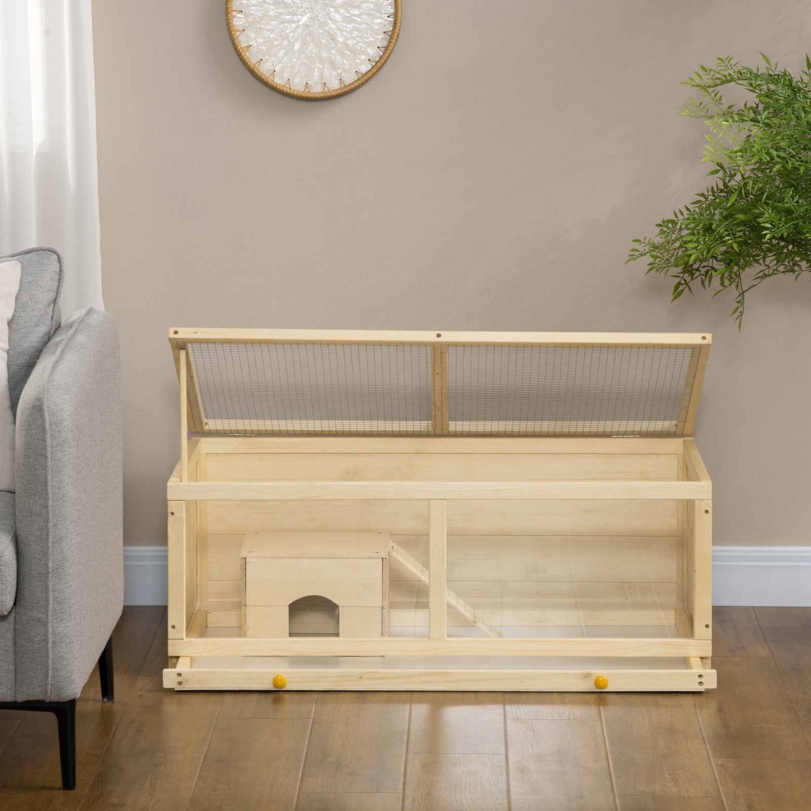 Pawhut Wooden Hamster Cage With Sliding Tray, Openable Top, Hut | Natural