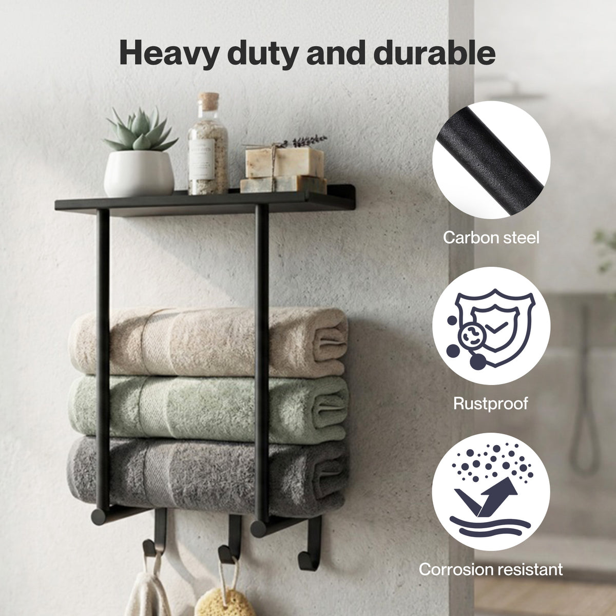 Towel Rack Wall Mounted Shelf Bathroom Storage Holder With Hooks Black | Black
