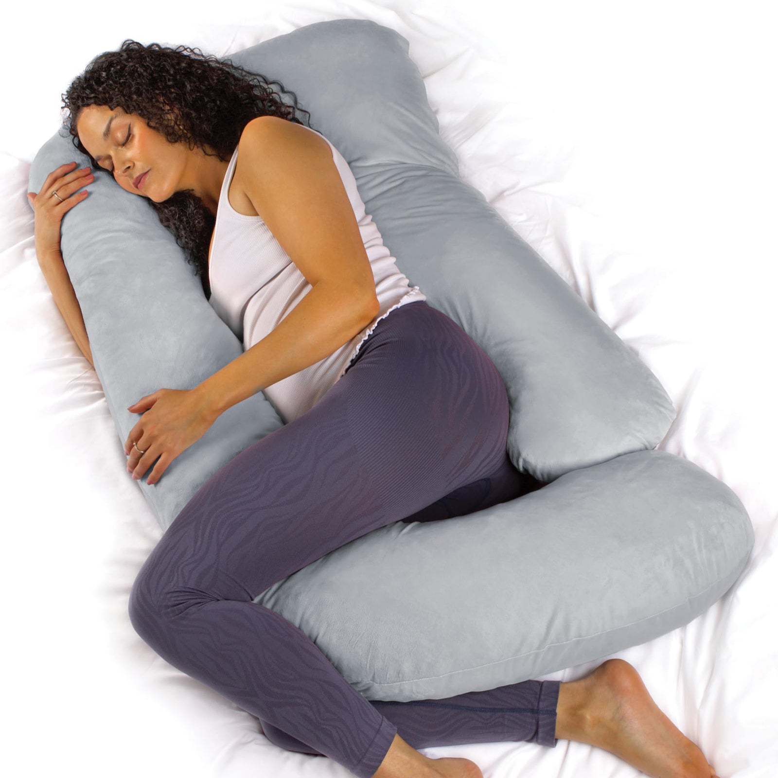 J Shaped Pregnancy Pillow, 140x70x20cm Shredded Memory Foam Full Body Maternity Cushion For Sleeping | J Shape | Light Grey