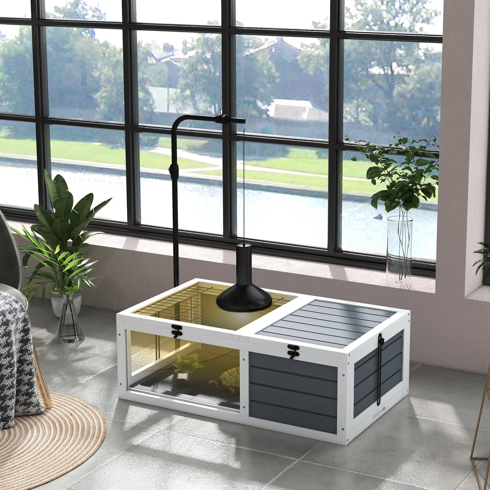Tortoise House, Wooden Tortoise Table W/ Adjustable Lamp Holder - Grey