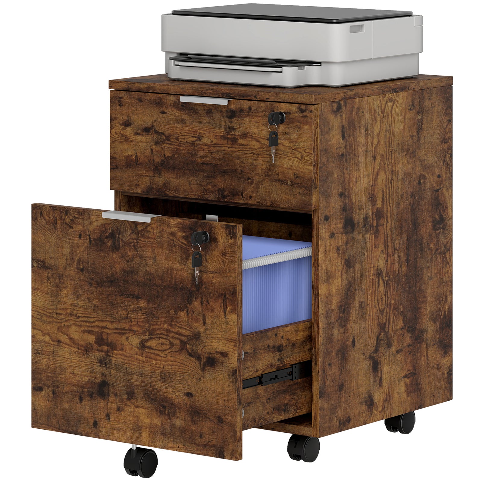 2 Drawer Filing Cabinet With Adjustable Hanging Bars For A4 And Letter | Rustic Brown