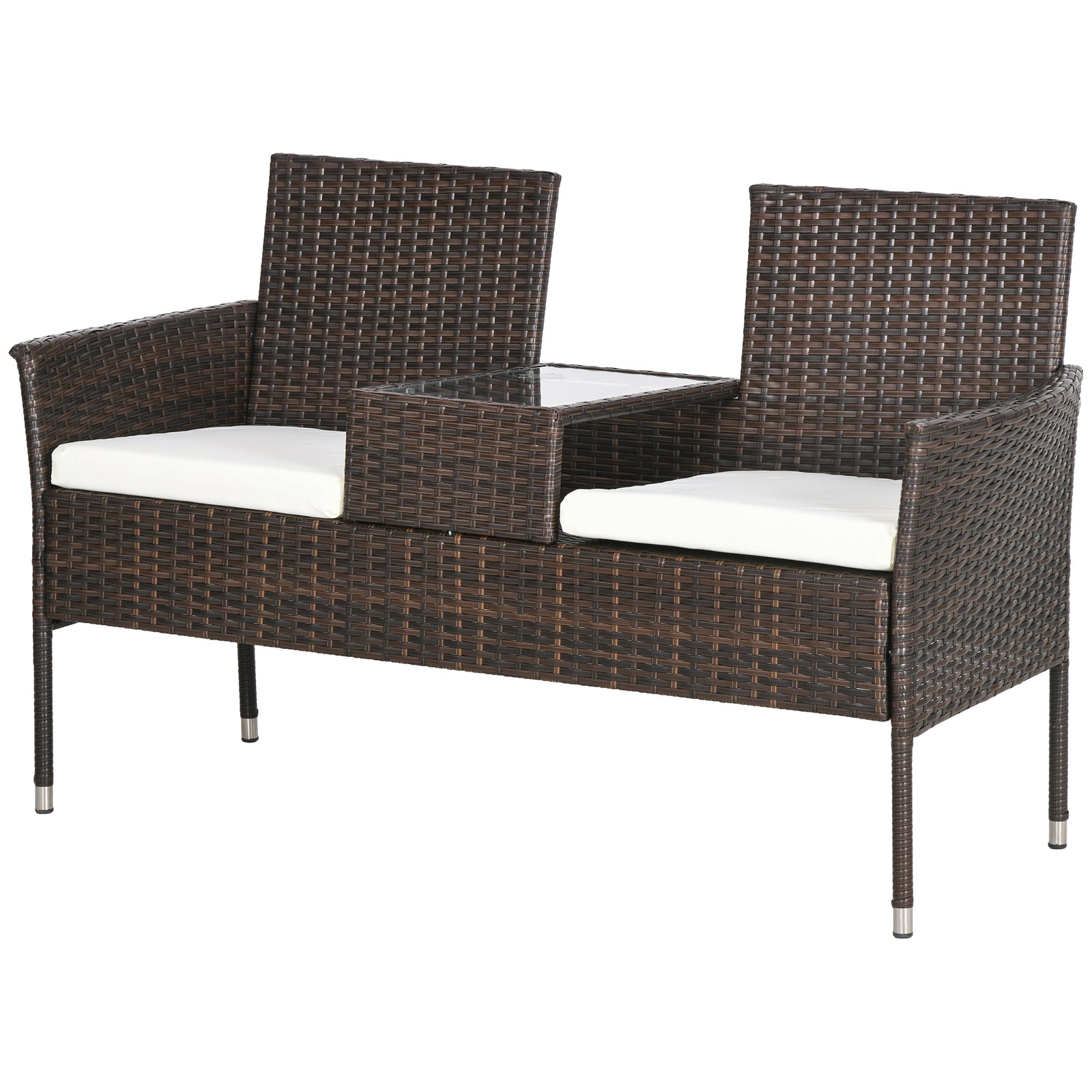 Rattan Garden Bench W/ Glass Table, Wicker Chair, Cushions | Brown