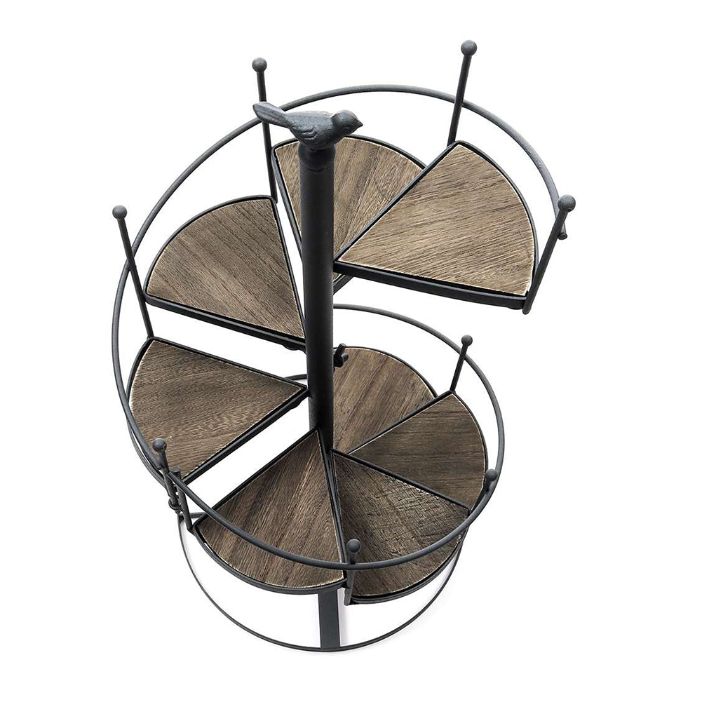 Spiral Staircase Metal Plant Stand Vintage Black Iron Plant Display Rack With Wooden Shelves