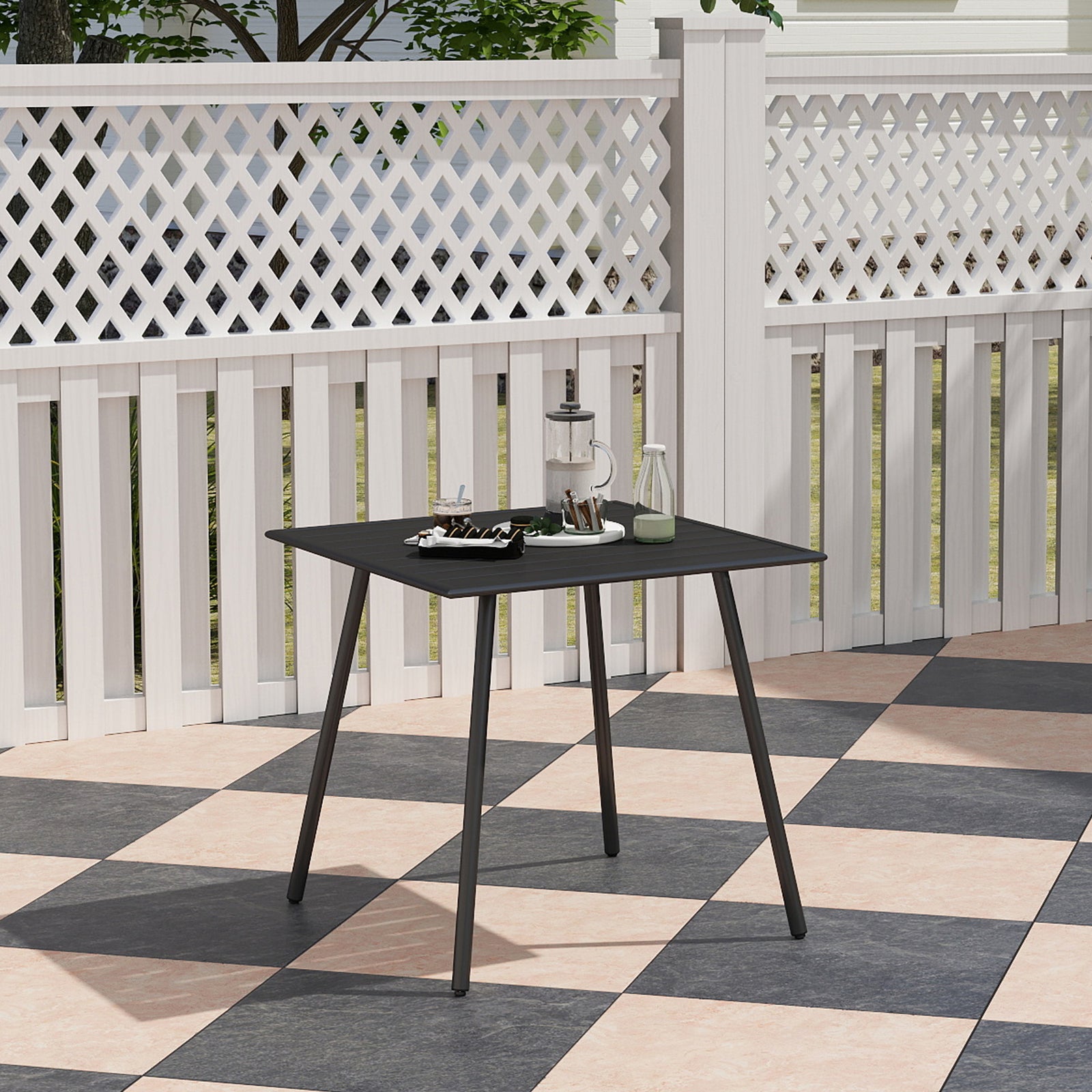 Garden Table For 4/6 Person W/ Slat Top, Steel | Medium | Black