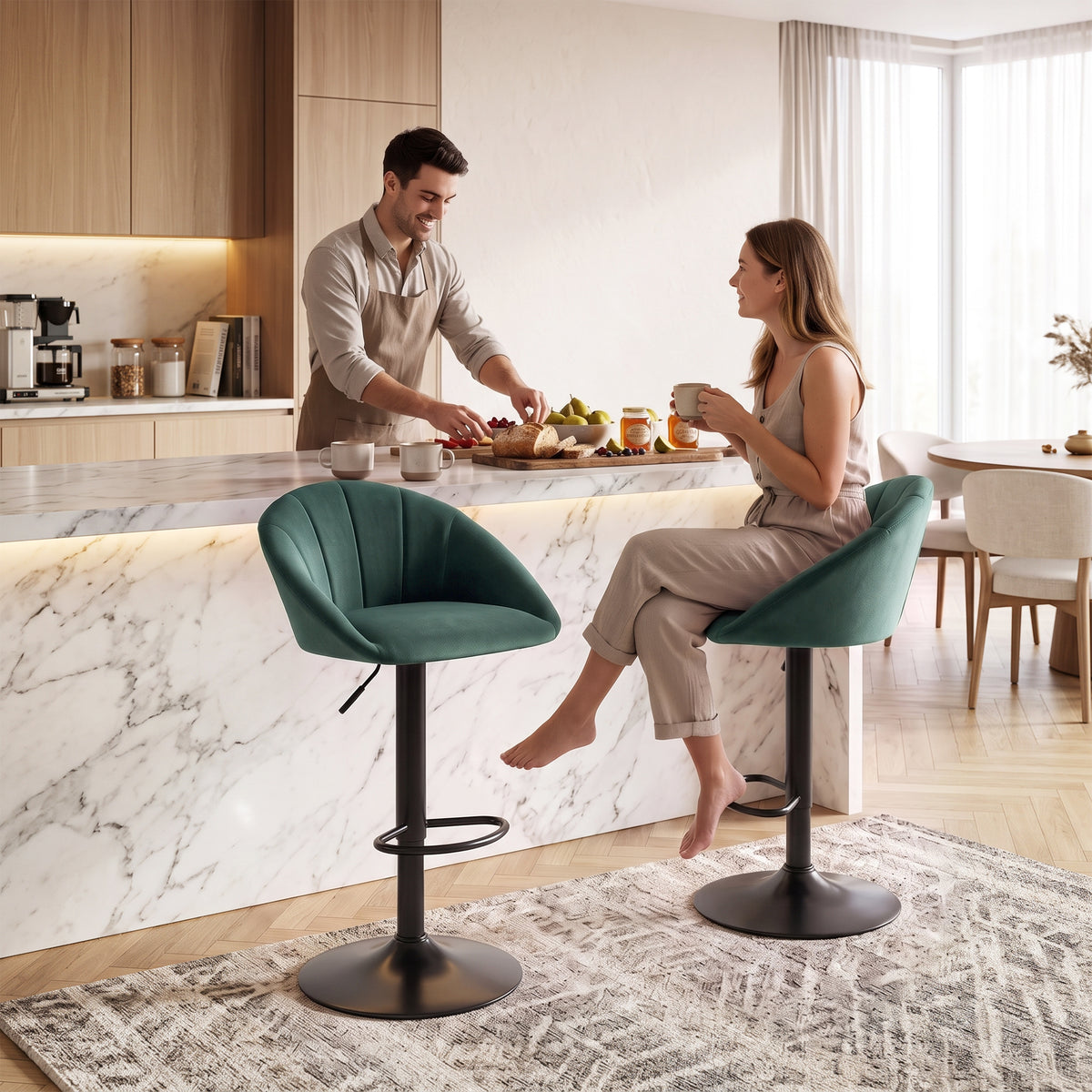 Bar Stools Set Of 2 Velvet Adjustable Swivel | Dark Green