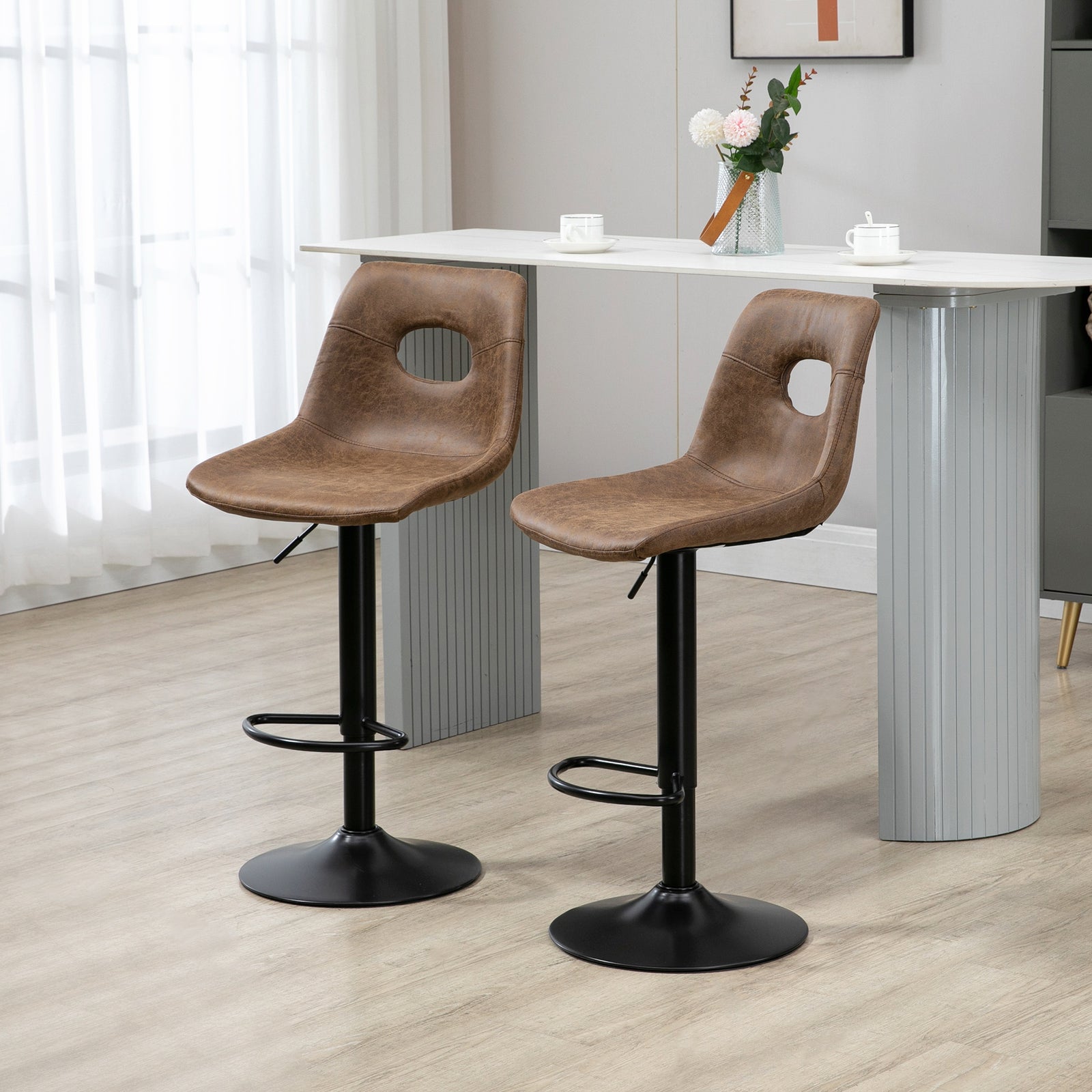 Retro Bar Stools Adjustable Leather-like Brown