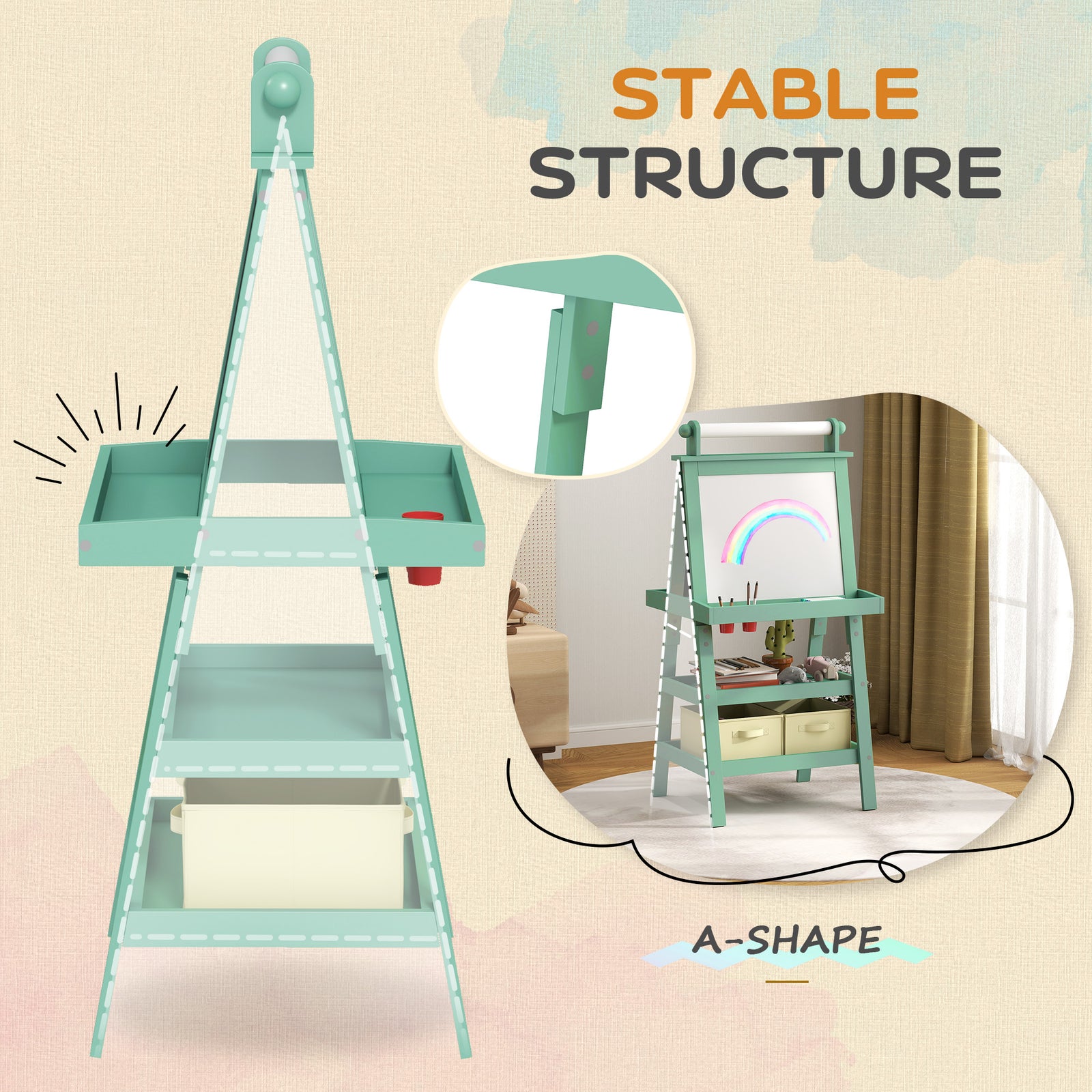 Double-sided Art Easel For Kids W/ Paper Roll, Storage Baskets | Green