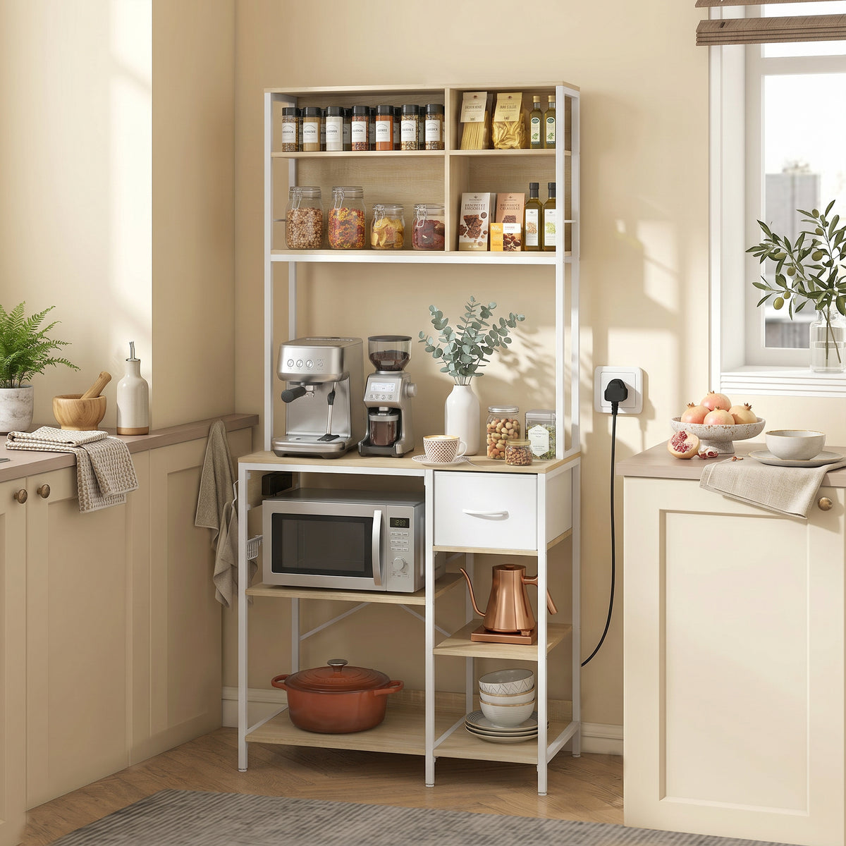 HOMCOM Kitchen Bakers Rack, Microwave Stand With Storage Shelves And 6 Hooks