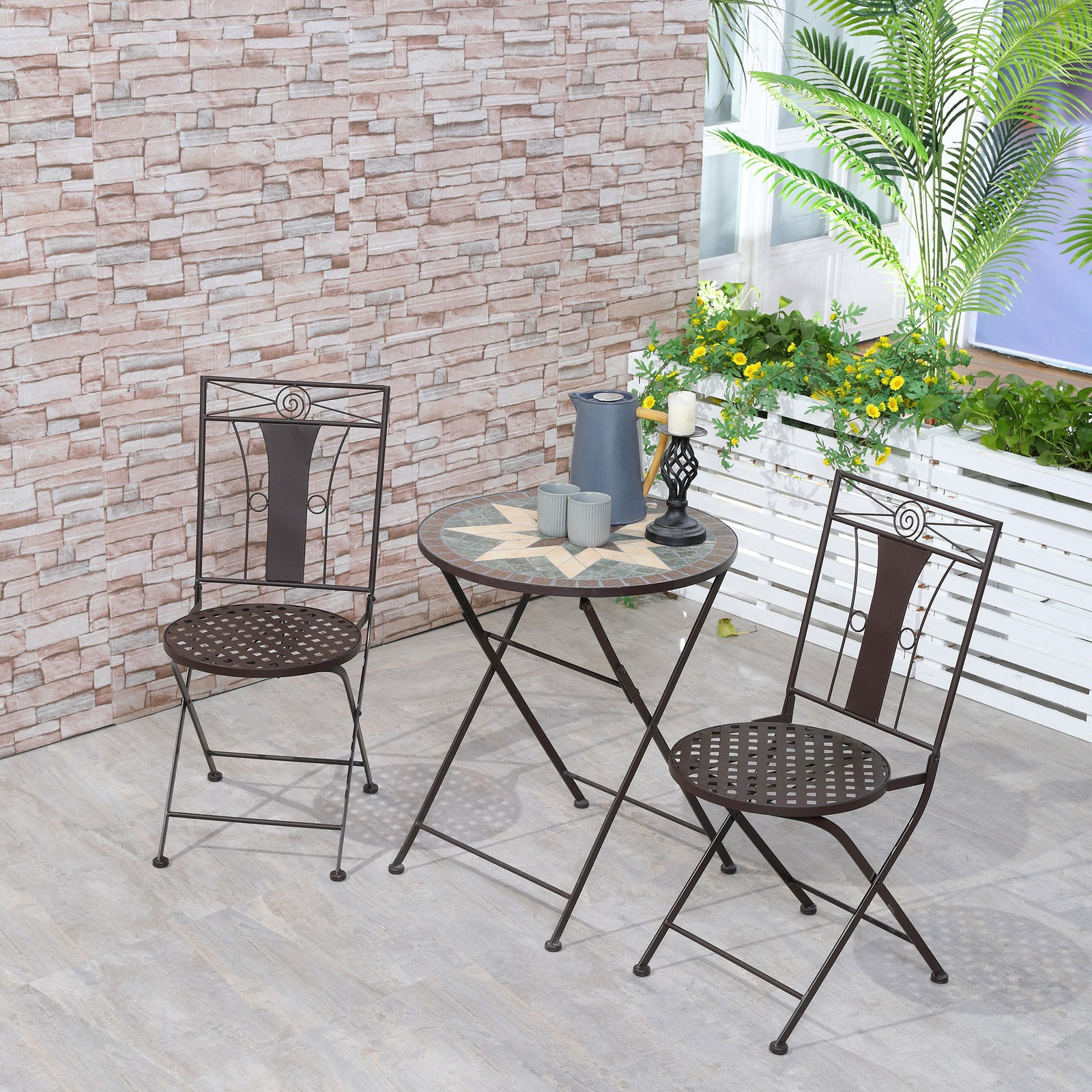3-piece Patio Bistro Set, Mosaic Table, Foldable Chairs