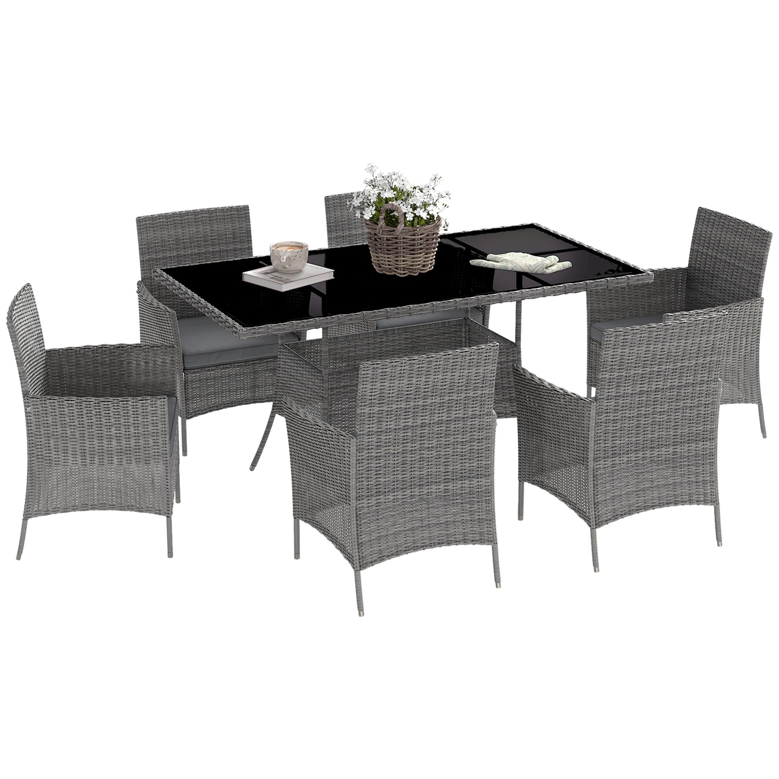 Rattan Dining Set For 6 With Cushions, Glass Top Table