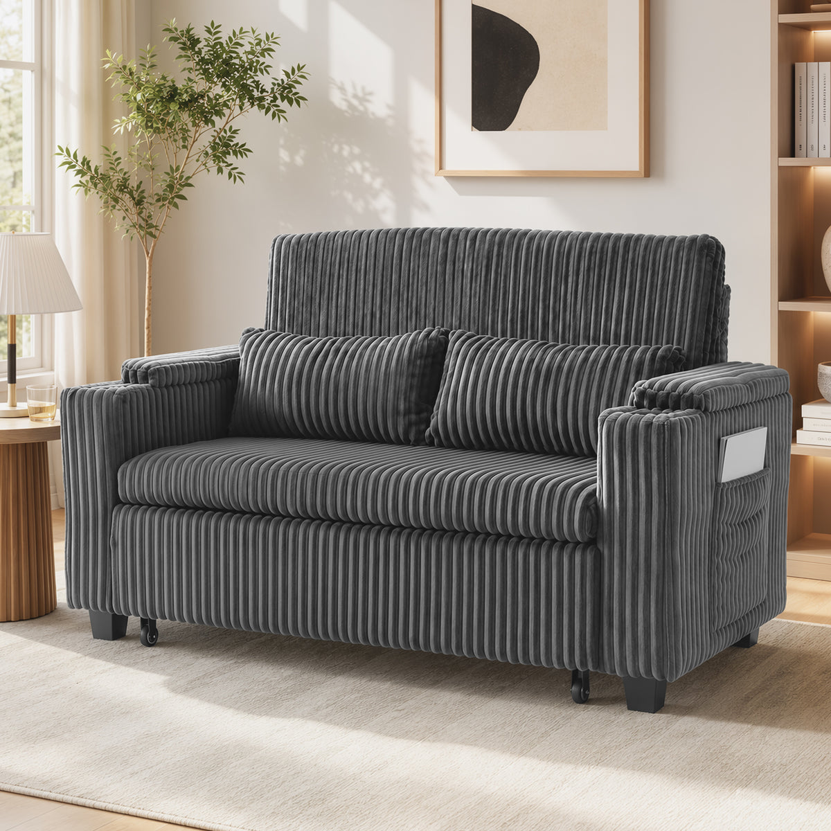 2 Seater Sofa Bed, 3-in-1 Corduroy Pull Out Sleeper Sofa | Dark Grey