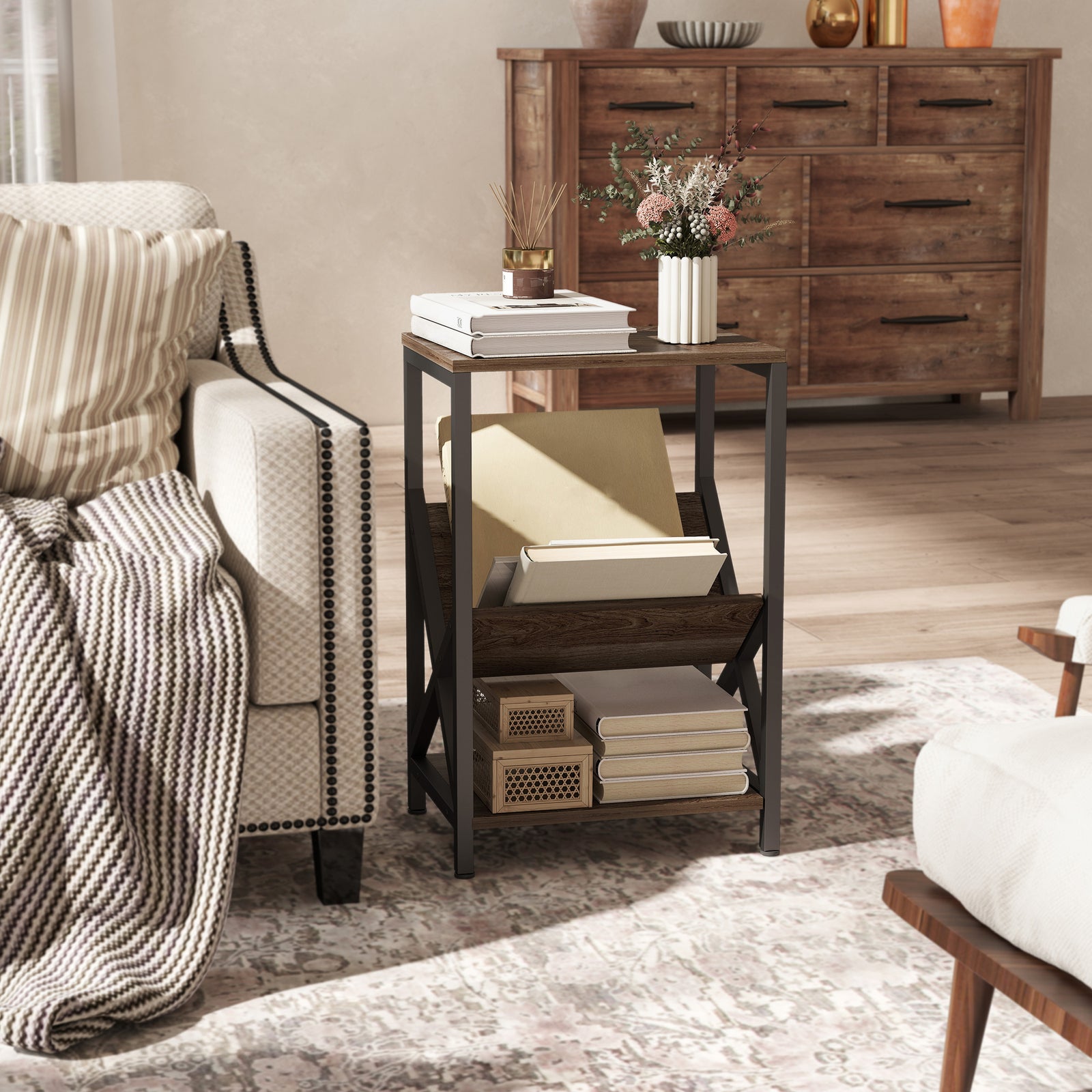 HOMCOM Narrow Side Table, Slim with 3-Tier Storage, 40 x 30 x 61 cm, Oak