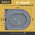 Toilet Seat Soft Close D Shape, Premium Thermoplastic, Quick Release, Top & Bottom Fixings | Grey