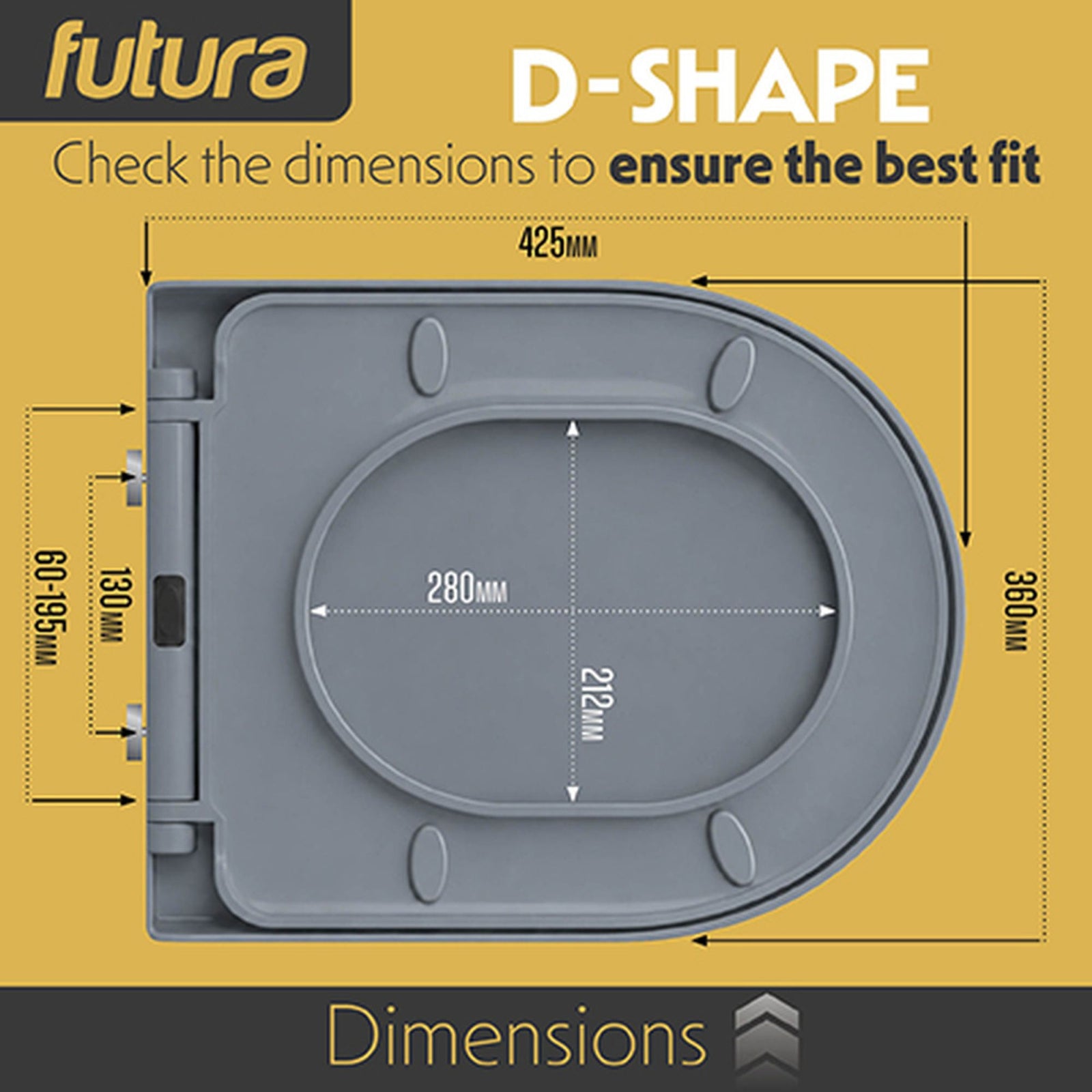 Toilet Seat Soft Close D Shape, Premium Thermoplastic, Quick Release, Top & Bottom Fixings | Grey