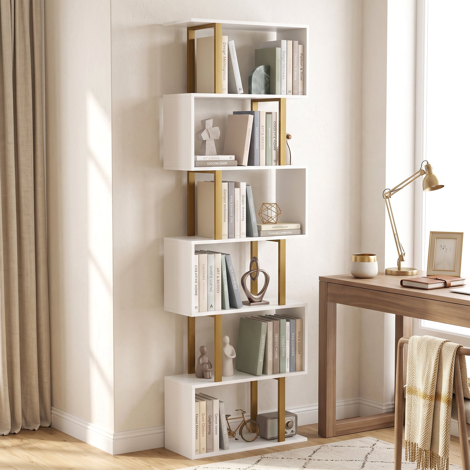 S-shaped Bookshelf, 6-tier Bookcase With Anti-tip Strap | White