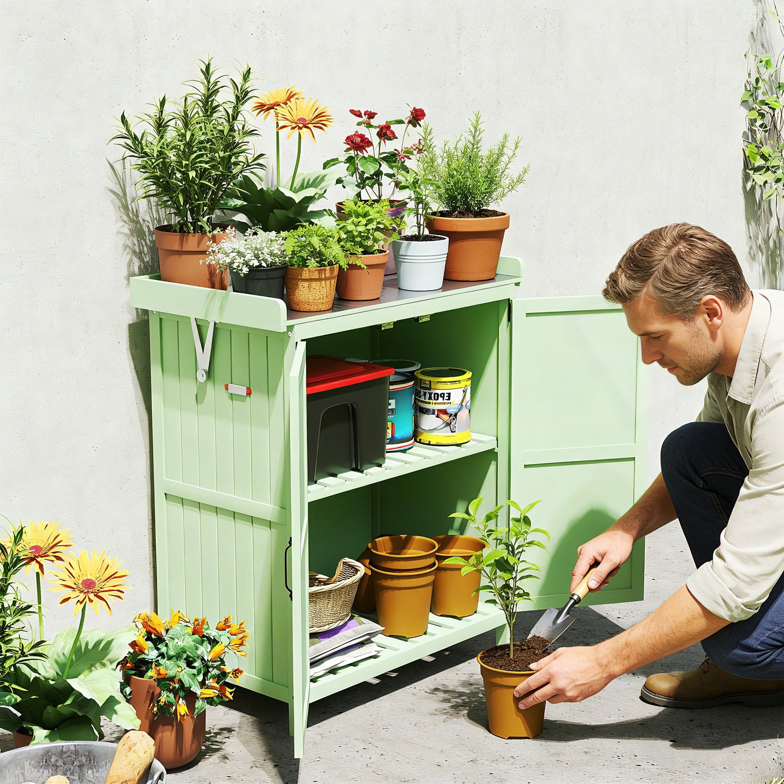 Wooden Garden Storage Shed Hinged Roof & Shelf Light Green