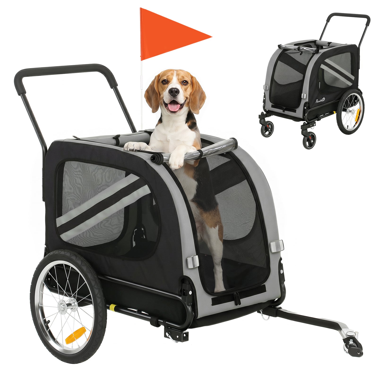 2-in-1 Dog Bike Trailer Stroller With Reflector Flag | Grey