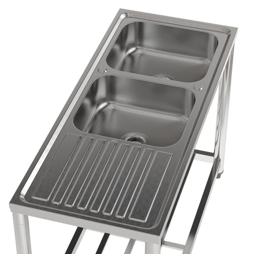 120cm W X 50cm D X 80cm H Stainless Steel 2 Compartments Commercial Sink With Drainboard
