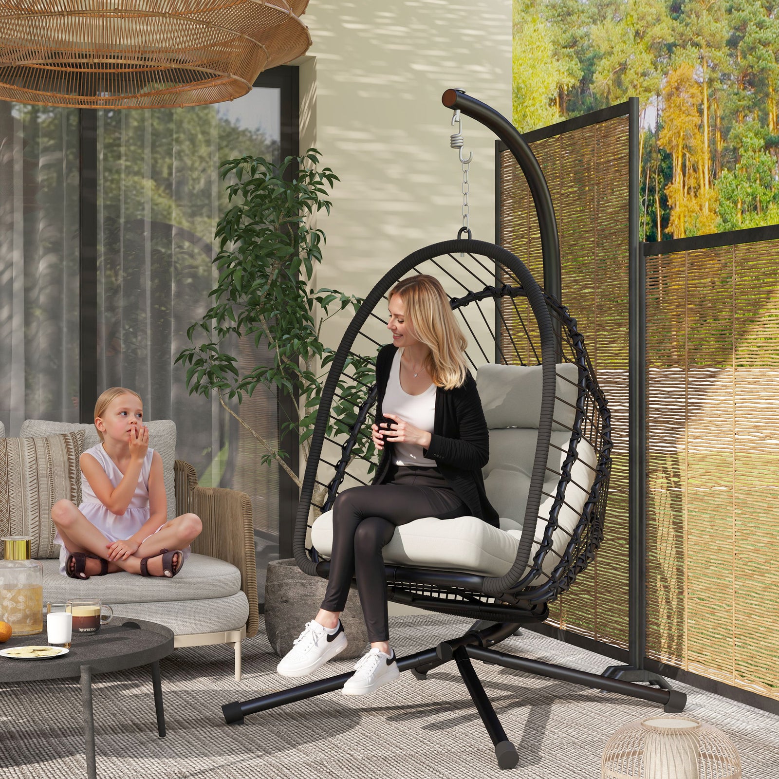 Pe Hanging Swing Chair W/ Thick Cushion, Patio Hanging Chair