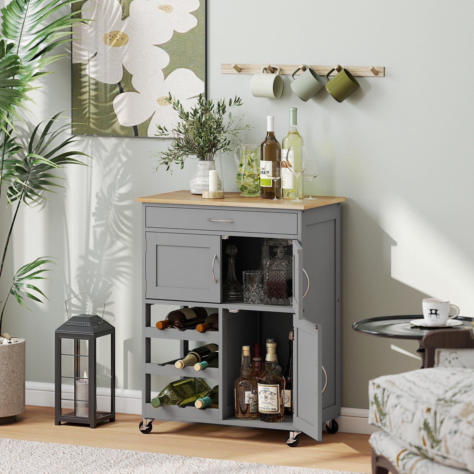 Rolling Kitchen Island Trolley Storage Cart W/ Rubberwood Top, Grey
